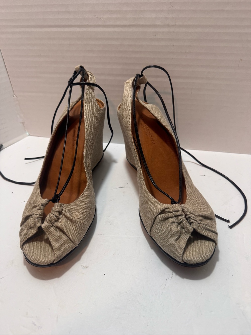 Dries Van Noten Linen Peep Toe Wedge Sandals Lace Up EU 38 Made in Italy